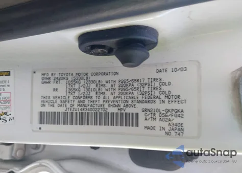 2004 Toyota 4Runner Sr5 V6 z USA, uszkodzony, nr VIN JTEZU14R340022702